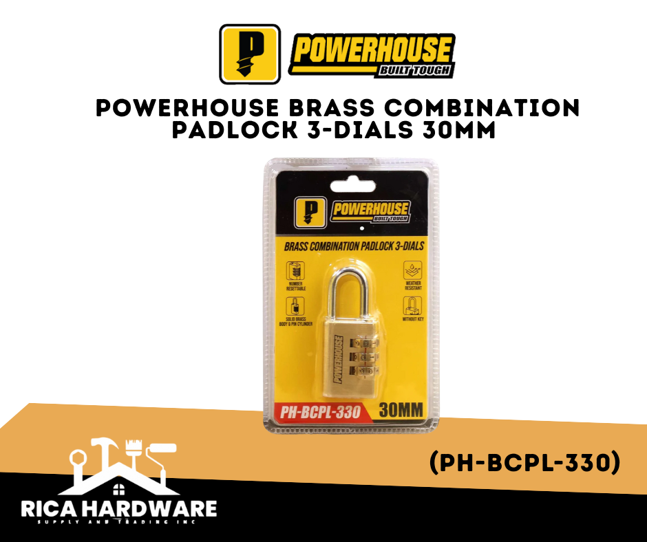 POWERHOUSE BRASS COMBINATION PADLOCK 3-DIALS 30MM (PH-BCPL-330)