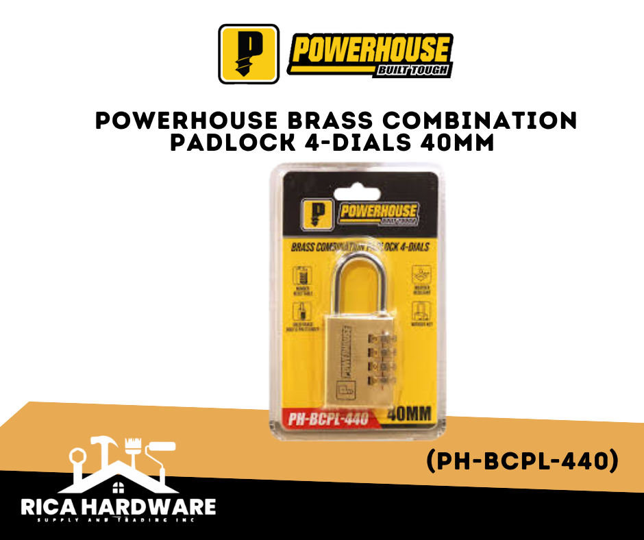 POWERHOUSE BRASS COMBINATION PADLOCK 4-DIALS 40MM (PH-BCPL-440)