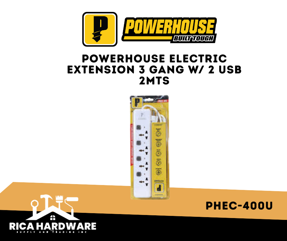 POWERHOUSE PHEC-400U ELECTRIC EXTENSION 3 GANG W/ 2 USB 2MTS